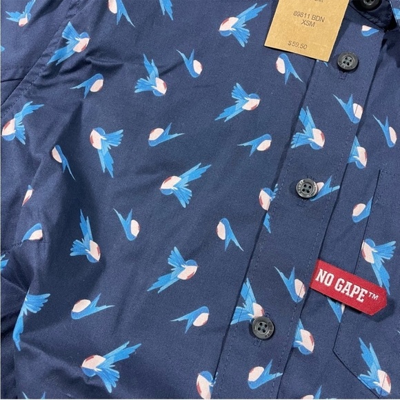 New Duluth Wrinklefighter Button Front Shirt Blue Bird Print - Picture 3 of 6
